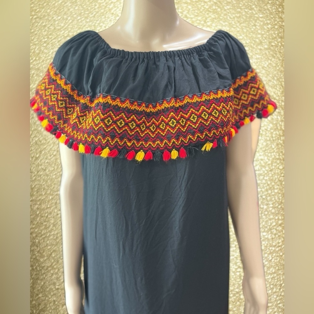 Hand crafted Off-Shoulder Black Maxi kaftan Dress with Orange Accents-L - Picture 6 of 7